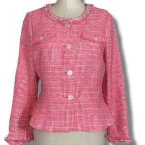 J.Crew Hot Pink Barbiecore Cotton Jacket Tweed Peplum Fringe Blazer Sz. 10